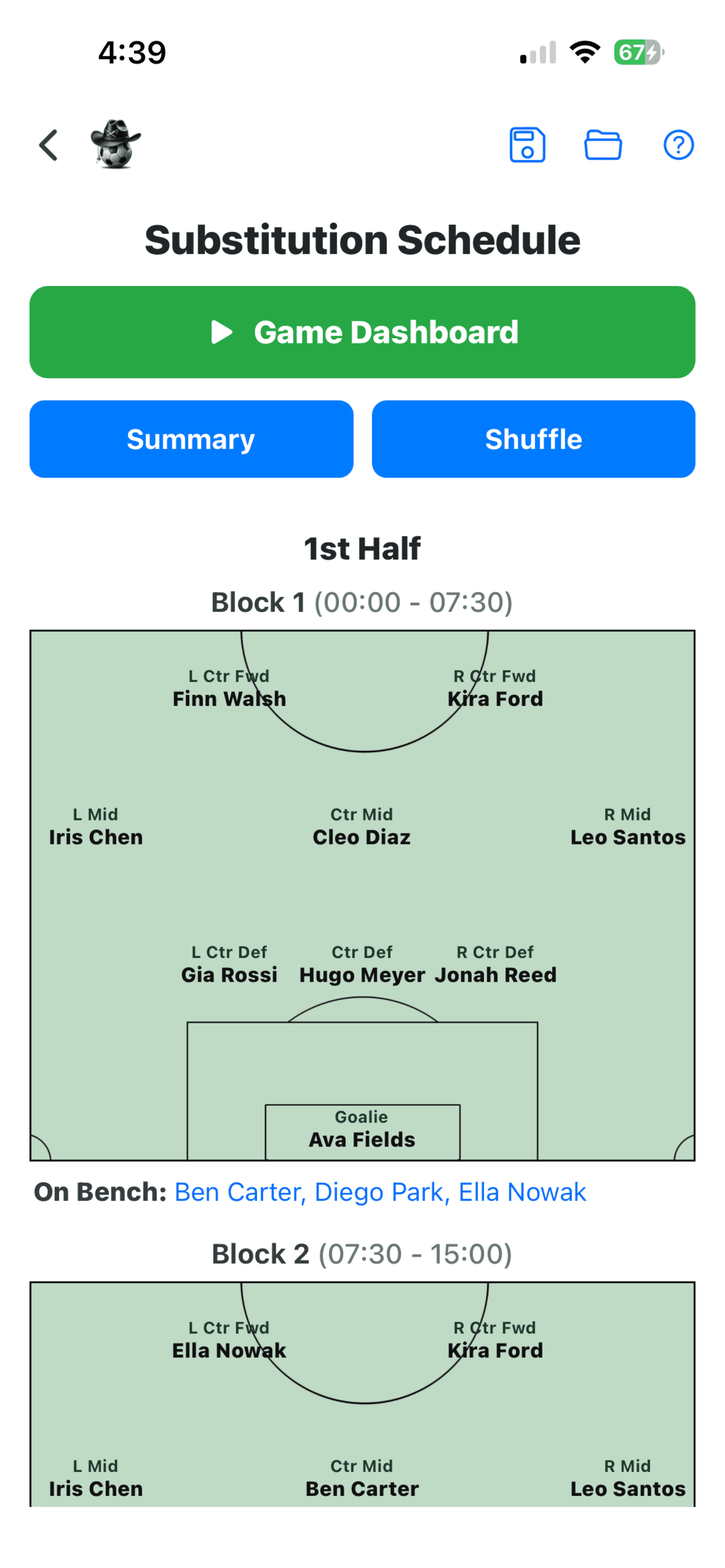 SubCav substitution schedule on iPhone laying out every block, position, and player before kickoff